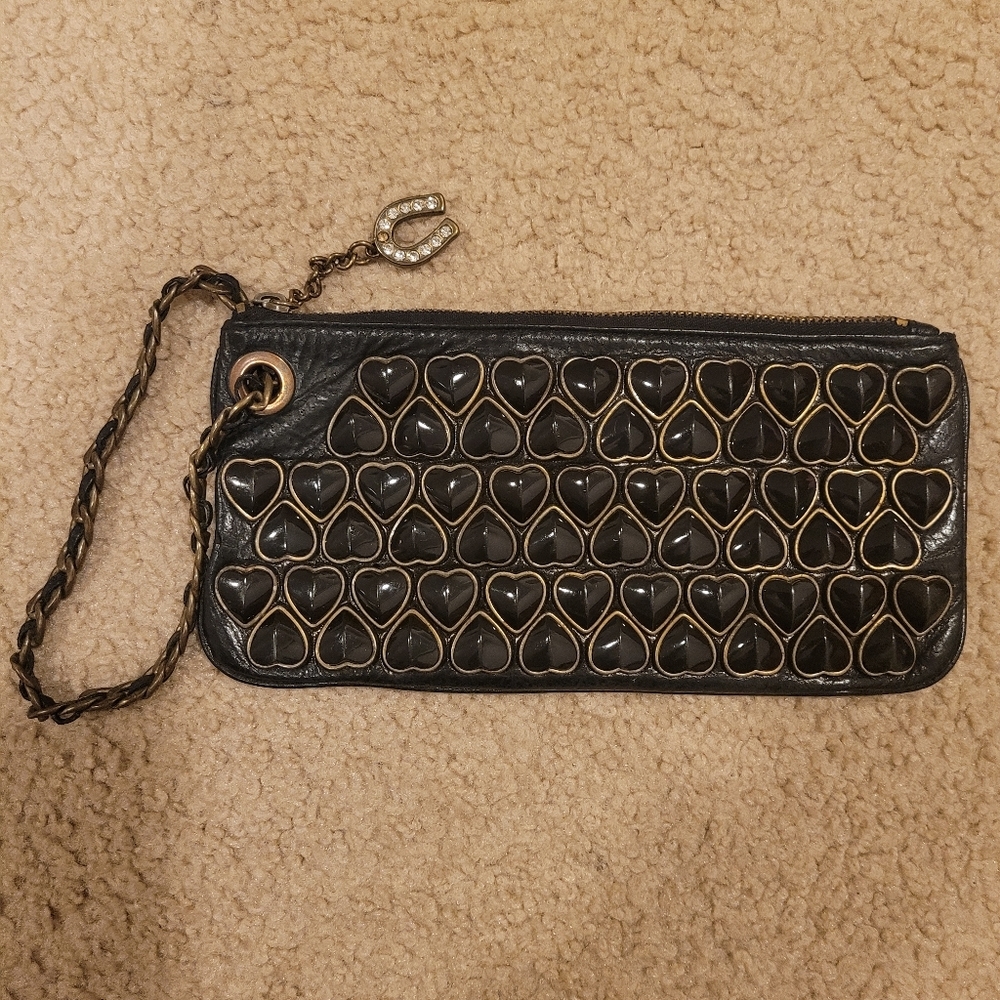 Rare Betsy‎ Johnson Studded Black Heart Leather Clutch Chain and Leather Strap